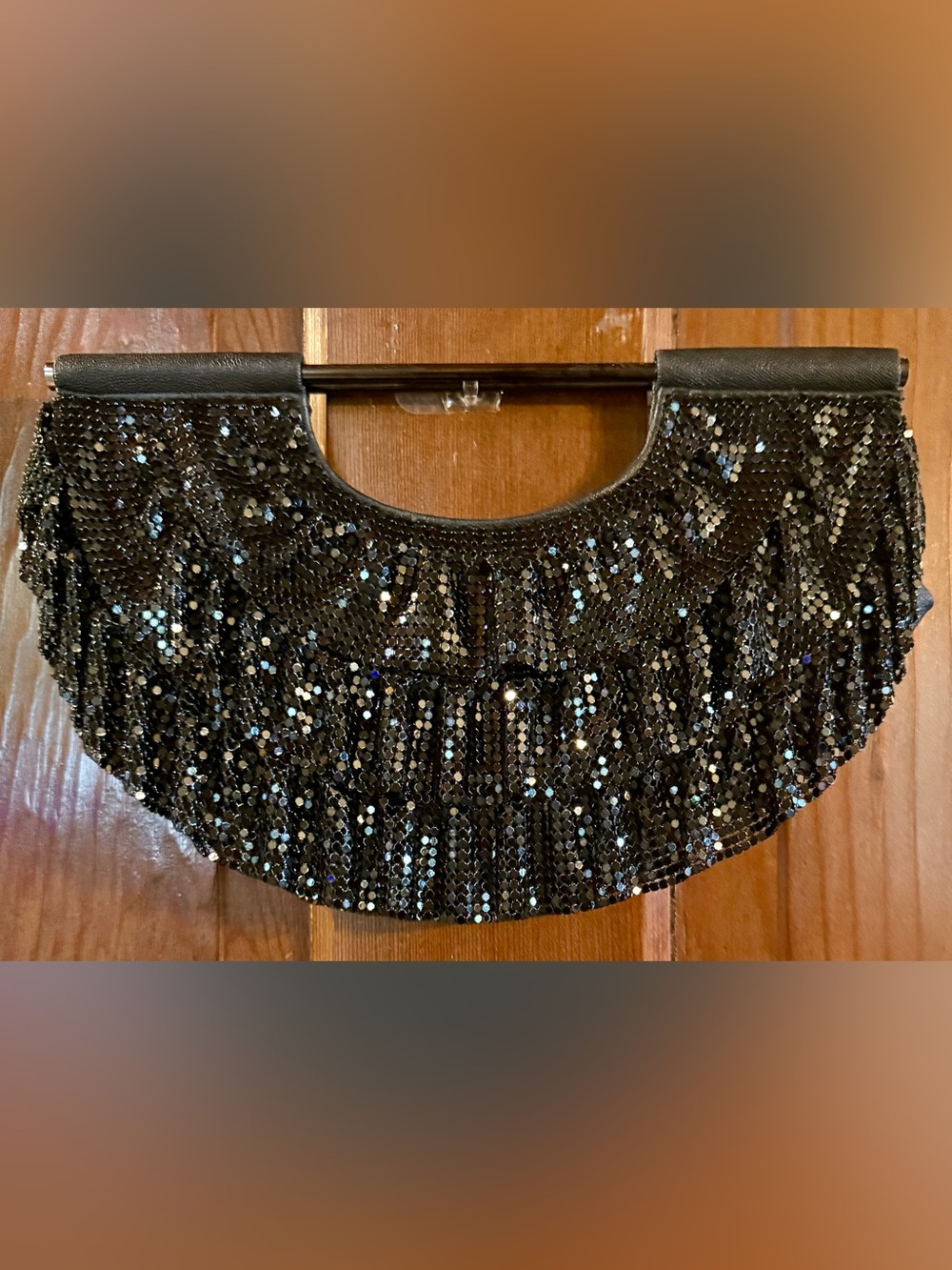 The Limited Black Metal Mesh Sequins Scalloped Evening Bag Metal Bar at top VTG